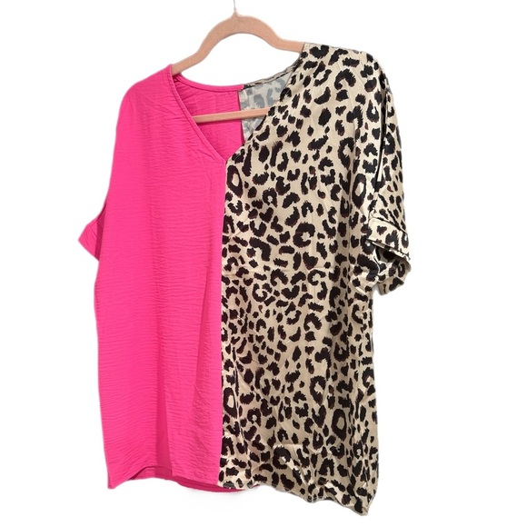 Contrast Pink & Leopard Colorblock V Neck Boutique Top Short Sleeve Shirt - Picture 8 of 11